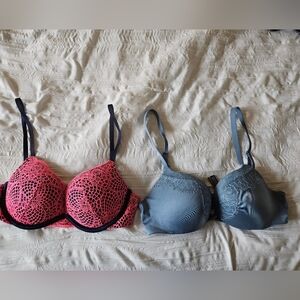 2 Victoria Secret Lace Overlay Pink and Blue Bras